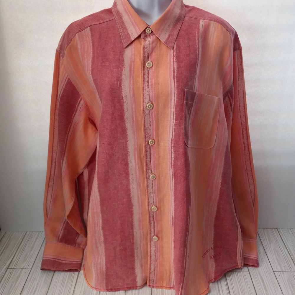 Tommy Bahama Hawaiian 100% Linen Striped Long Sleeve Button Front Collar Shirt